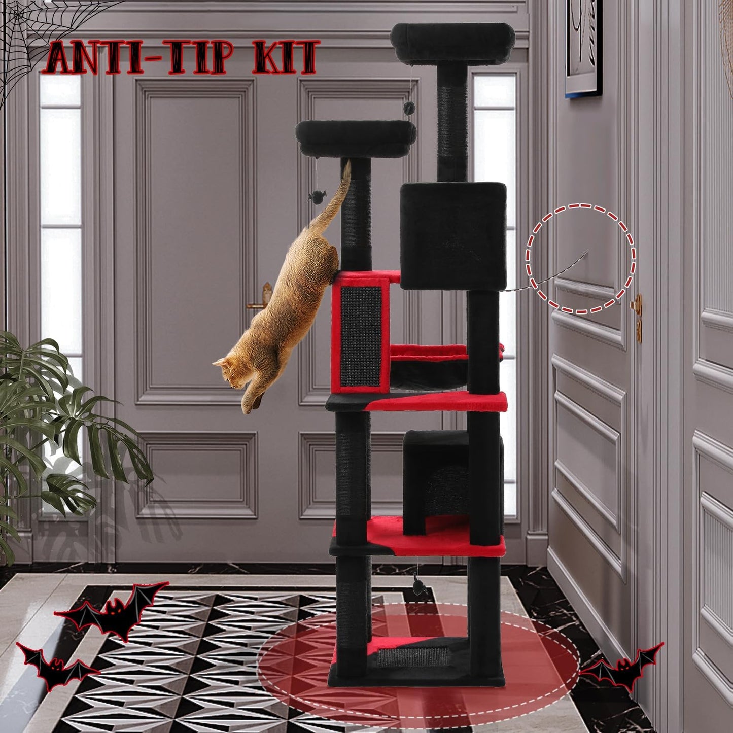 PAWZ Road 70 Inch Cat Tower, Gothic Cat Tree with 2 Cozy Condos, 2 Plush Perch, Large Basket, 2 Scraching Pad & 6 Scraching Posts for Indoor Cats Large Adult