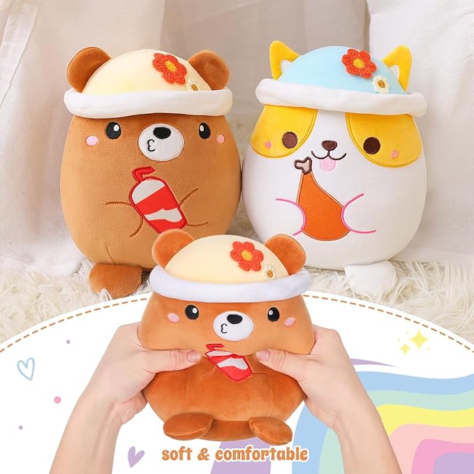 AIXINI Cute Brown Bear Plush Pillow 8" Stuffed Animal, Soft Kawaii Bear Plushie with Hat Outfit Costume Gift