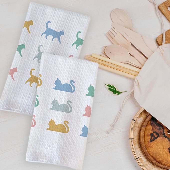Cute Cat Kitchen Towels Set of 2 Cat Mom Gifts for Women Cats Gifts Tea Towels for Cat Lovers Cute Towels Decorative Set for Kitchen & Bathroom Cat Kitchen Accessories 16×24 Inch