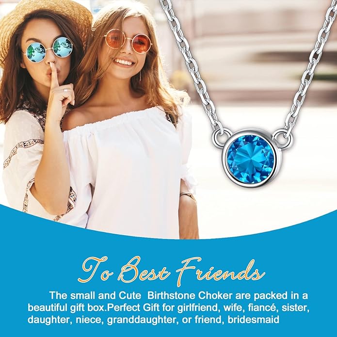 SILVERCUTE Sterling Silver Birthstone Necklace for Women,Dainty Silver Pendant Necklace with Round Cubic Zirconia,16"-18"