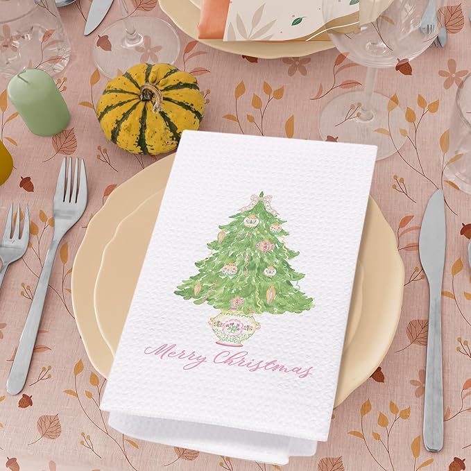 SPBL&L Chinoiserie Christmas Kitchen & Bath Towels, Light Green Tree Dish Towels, Grandmillennial Decor, 16x24 Inches