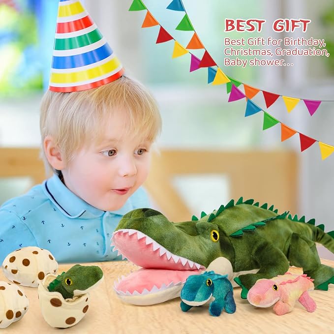MorisMos Plush Alligator Stuffed Animal with Babies,23.6'' Mommy Stuffed Alligator with 3 Baby Crocodile Animals & 3 Plush Eggs,Lifelike Crocodile Toys for Kid 3-5 Birthday Decor