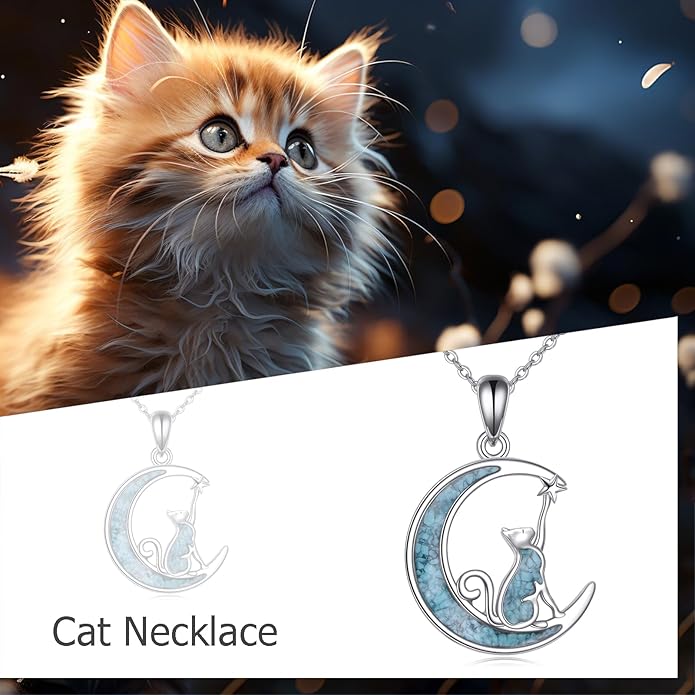 Turquoise Animal Necklace 925 Sterling Silver Cat/Fox/Owl Moon Pendant Jewelry Gift for Women