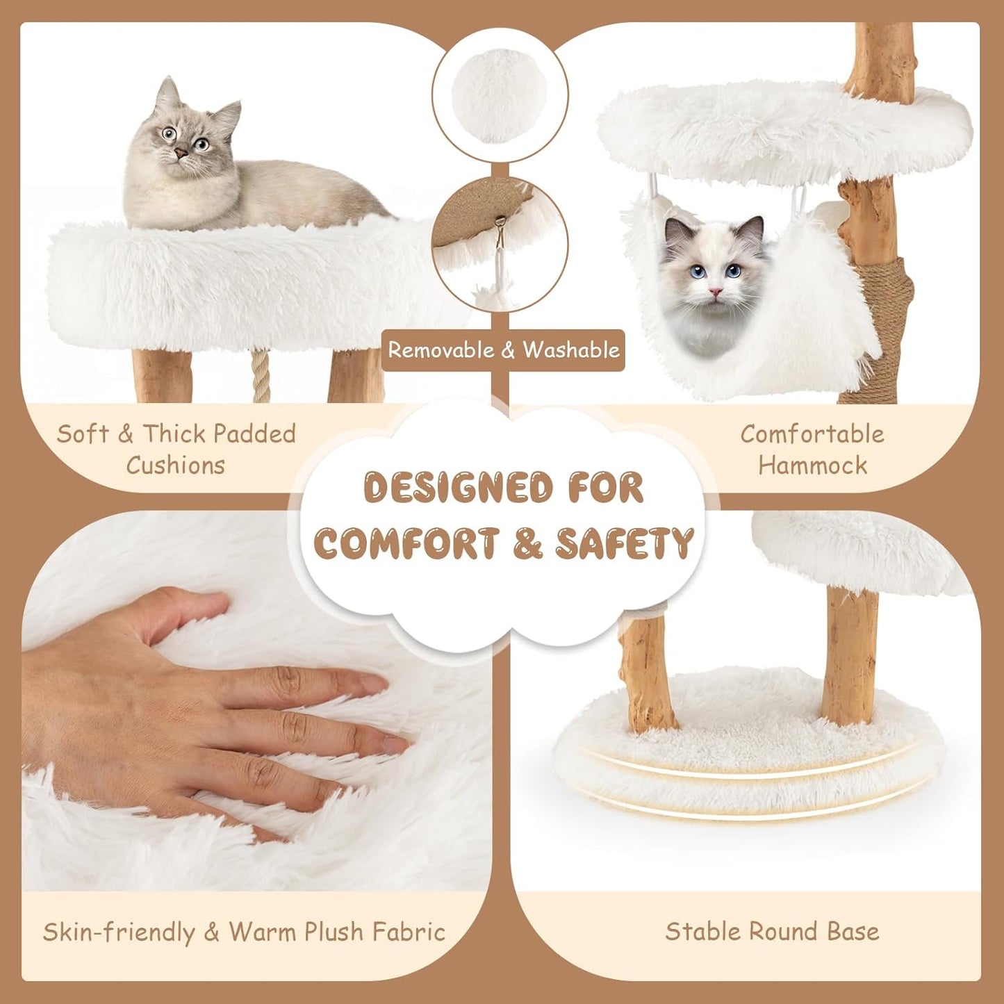 Tangkula Cat Tree Tower, Solid Wood Modern Cat Tower with Cozy Top Perch, 2 Platforms & 1 Hammock, Natural Branch Cute Cat Tree with Scratching Posts & Sisal Rope for Indoor Cats