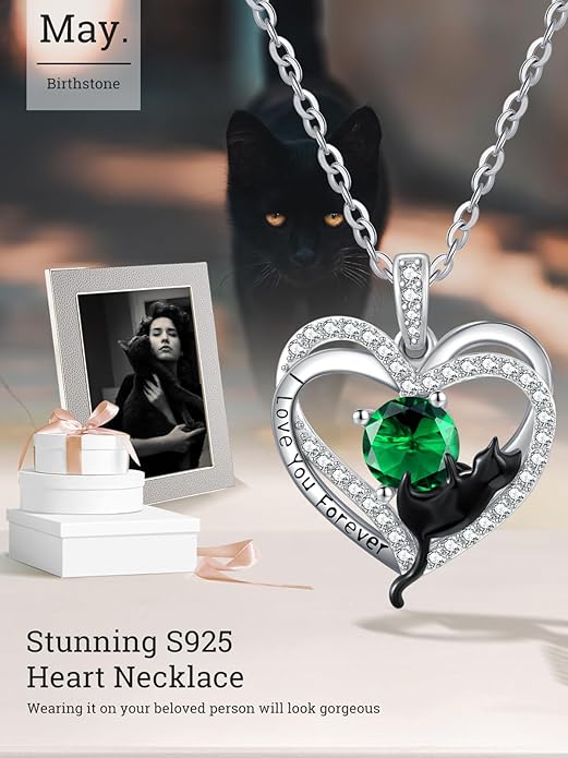 Birthstone Cat Necklaces,925 Sterling Silver Cat Necklace Heart Pendant for Women,Dainty Animal Jewelry for Her,Wedding Anniversary Birthday Gifts for Women Mom Grandma