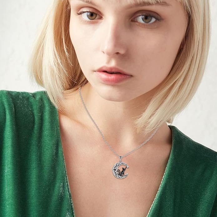 Celtic Moon Black Cat Necklace for Women - Abalone Tree of Life Sterling Silver Cat Lovers Jewelry