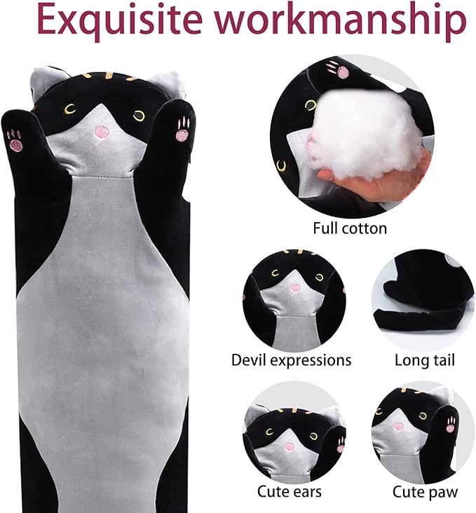 shangman Lovely Plush Cat Doll Cute Cartoon Soft Stuffed Kitten Pillow Long Throw Sleeping Pillow Doll Toy Valentines Day Gift for Kids Girlfriend (Black, 130cm/51.1in)
