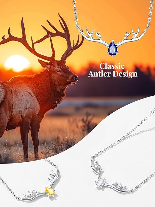 Silvora 925 Sterling Silver Deer Antler Necklace, Antler Deer Jewelry Antler Pendant Choker Birthstone Necklace Christmas Jewelry for Women