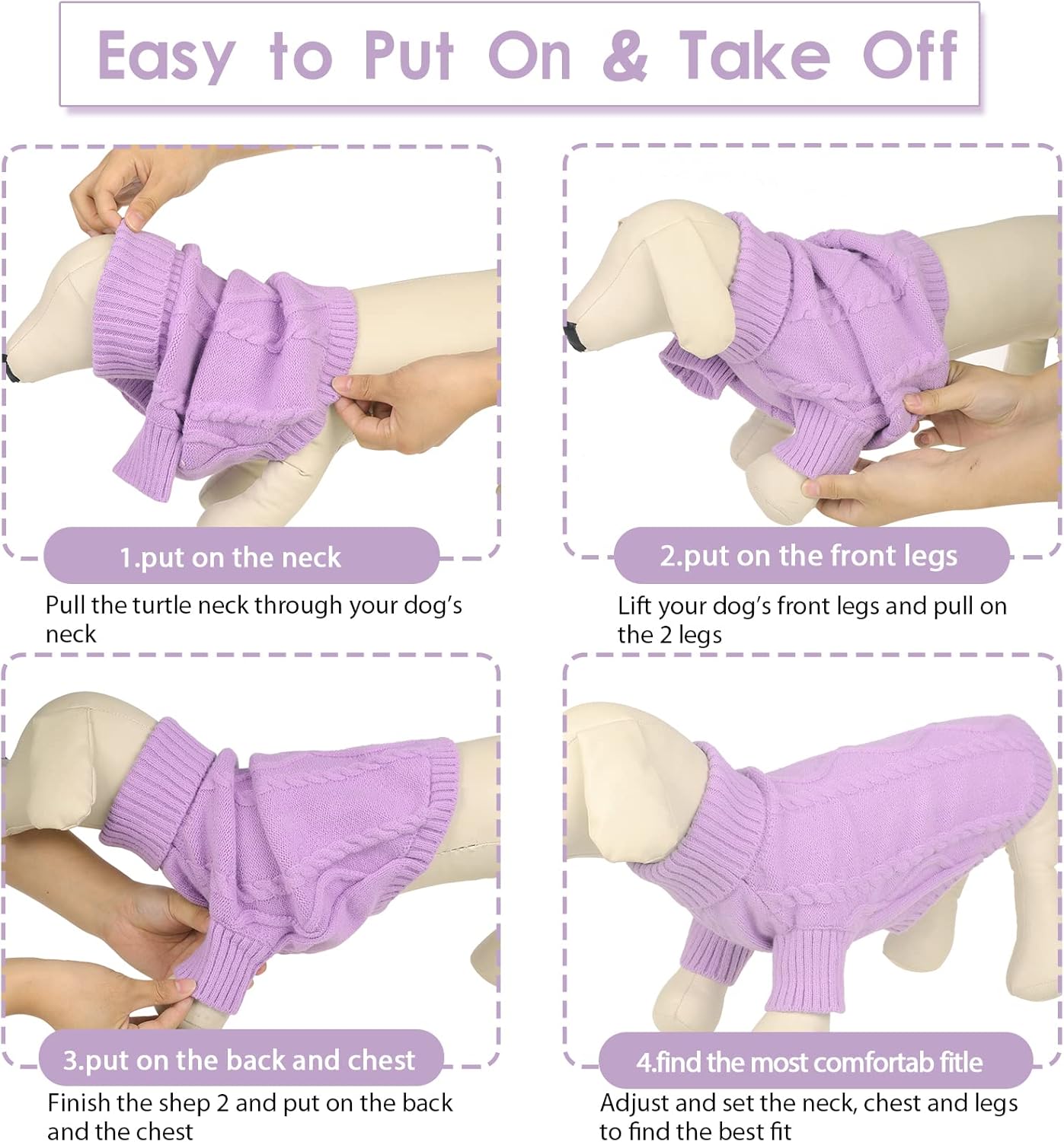 Queenmore Small Dog Pullover Sweater, Cold Weather Cable Knitwear, Classic Turtleneck Thick Warm Clothes for Chihuahua, Bulldog, Dachshund, Pug (Lilac, Small)