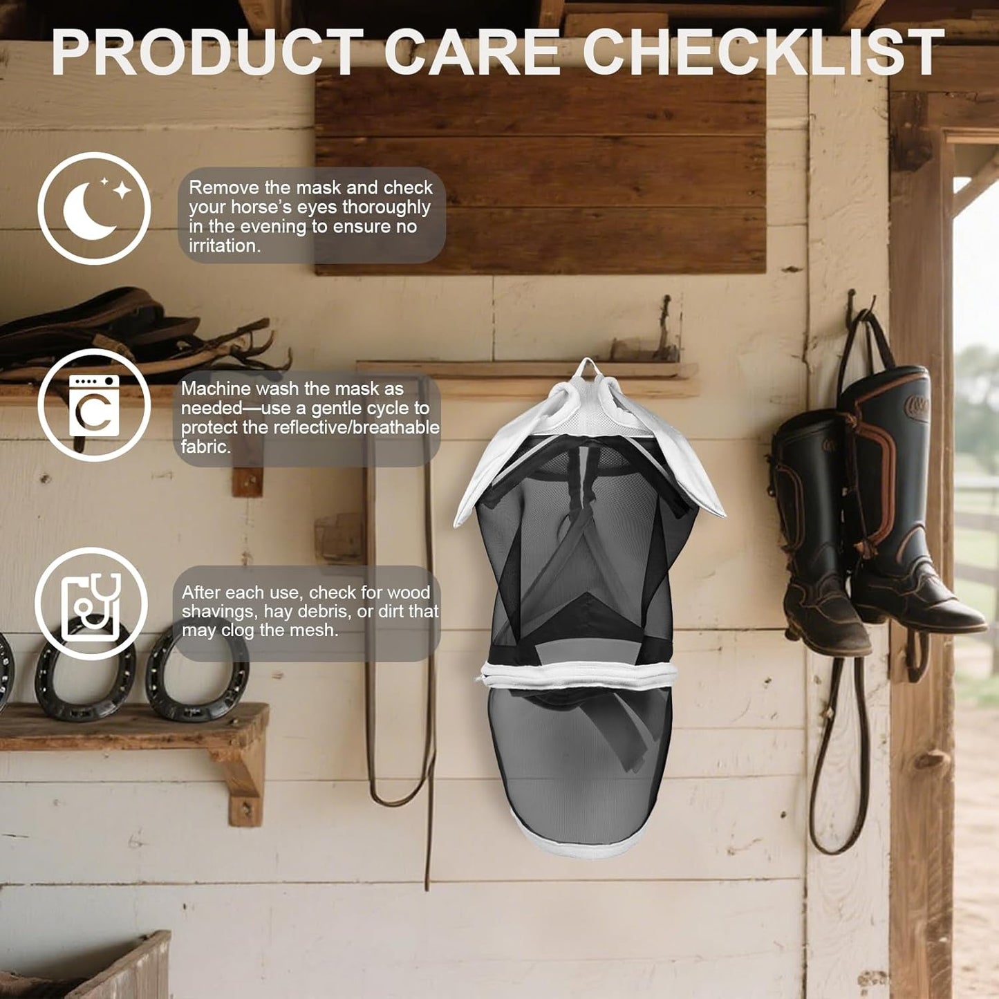 Luminous Horse Fly Mask with Long Nose, Ears, Full Face & Eye Protection - Full Mesh, Detachable Nose Cover, Fleece Padded Edging, Hook-and-Loop Straps with Webbing, Hanging Straps Grey