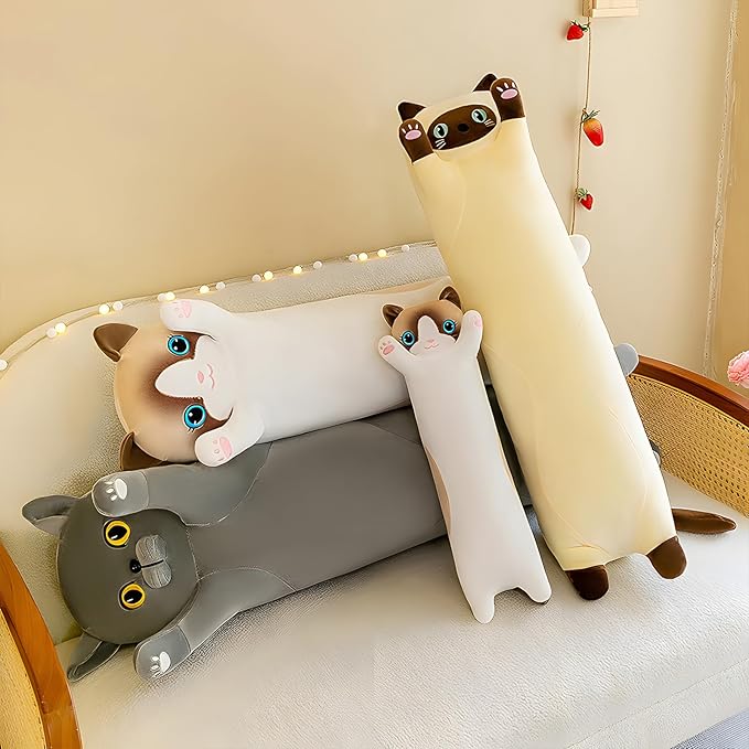 Long Cat Plush Pillow, 51.1in Cute Gray Cat Plushie Stuffed Animals Body Pillow, Kawaii Kitten Soft Plushie Doll Toy Birthday Gift for Kids Girlfriend