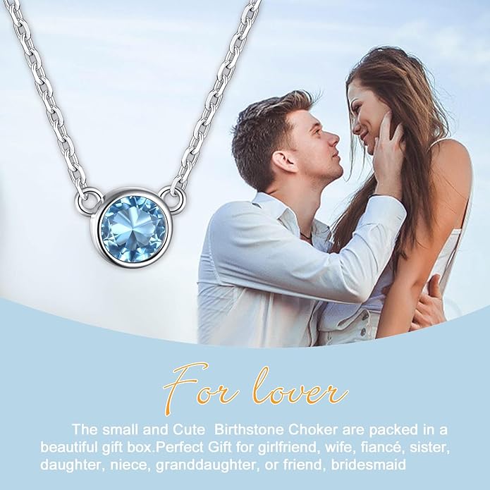 SILVERCUTE Sterling Silver Birthstone Necklace for Women,Dainty Silver Pendant Necklace with Round Cubic Zirconia,16"-18"