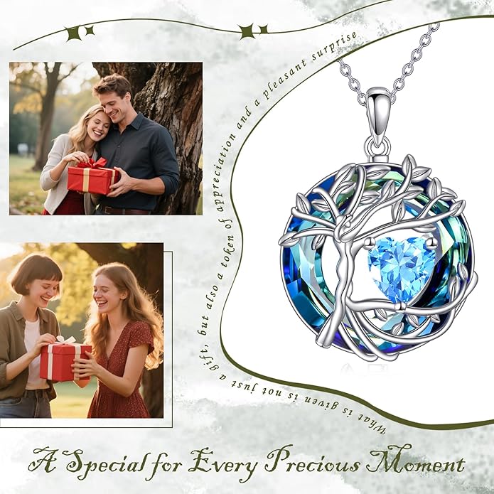 Tree of Life Necklace Sterling Silver Sister Pendant Blue Crystal Jewelry Gift for Women