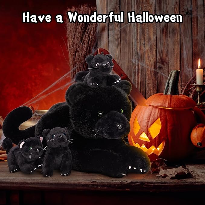 MorisMos Black Plush Panther Stuffed Animal with Babies,18'' Big Mama and Baby Stuffed Panther Toys for Kids Girls Boys, 4 Packs Black Jaguar Animals, Cute Leopard Toys for Kids
