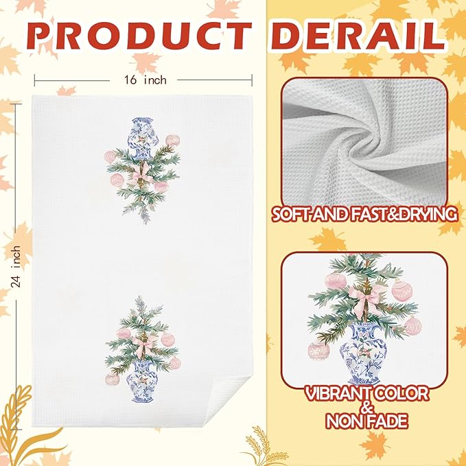 Chinoiserie Christmas Kitchen & Bath Towels, Pink Bow & Blue/White Dish Towels, 16x24 Inch
