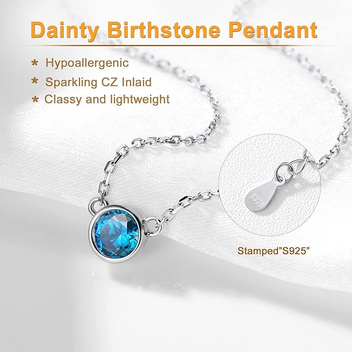 SILVERCUTE Sterling Silver Birthstone Necklace for Women,Dainty Silver Pendant Necklace with Round Cubic Zirconia,16"-18"