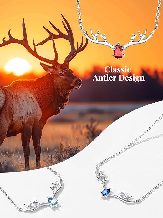 Silvora 925 Sterling Silver Deer Antler Necklace, Antler Deer Jewelry Antler Pendant Choker Birthstone Necklace Christmas Jewelry for Women