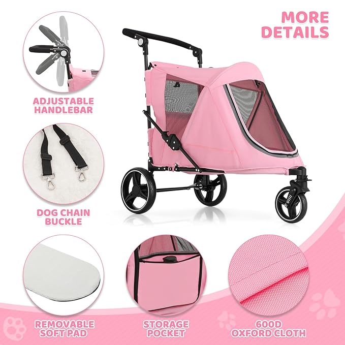 Magshion Pet Stroller for Medium Dogs w/Adjustable Handle, 3-Wheel Dog Cat Wagon w/Dual Entry, Rear Storage, Breathable Mesh, One-Foot Brake, Ideal for Large Pets up to 55 lbs, Pink