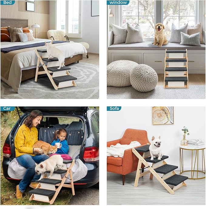 MEWANG Wood Pet Stairs & Ramp for Small/Medium Dogs and Cats, Aging Pets – 3-in-1 Foldable, Portable, Non-Slip Pet Ladder for Tall Beds, Couches,Cars–Holds Up to 220 lbs (31.5" L x 17.2" W x 25.0" H)