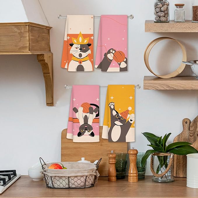 Trendy Siamese Cat Kitchen Towels Set of 4, Funny Cat Mom Lady Lovers Gifts Dish Towels for Kitchen Decor, Funny Kitten Hand Townes for Bathroom Decor, 16x24 Inch