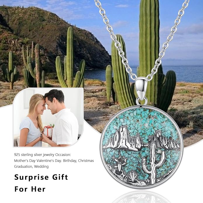 Midir&Etain Western Necklace 925 Sterling Silver Turquoise Pendant Cow Skull/Hat/Tag/Cactus Cowgirl Country Jewelry for Women Men