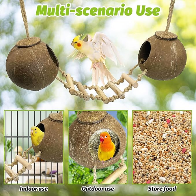 kathson 5Pcs Bird Coconut House with Ladder Parakeet Coconut Nest for Cages Parrot Hut Hanging Natural Coconut Fiber Conure Chewing Toys for Cockatiel Budgie Lovebird Cockatoos