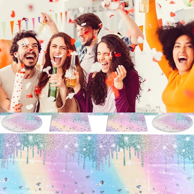 Iridescent Diamond Birthday Party Supplies Decorations, Disposable Holographic Paper Tableware Includes 20 Plates 20 Napkins and 1 Tablecloth for Girls Kids Birthday Theme Party, Serve 20