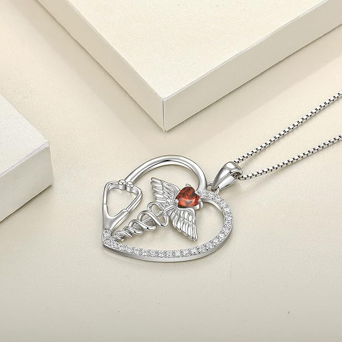 YL Caduceus Heart Necklace for Women Sterling Silver Doctor Nurse Themed Stethoscope Pendant Birthstone Angel Wings Snake Jewelry
