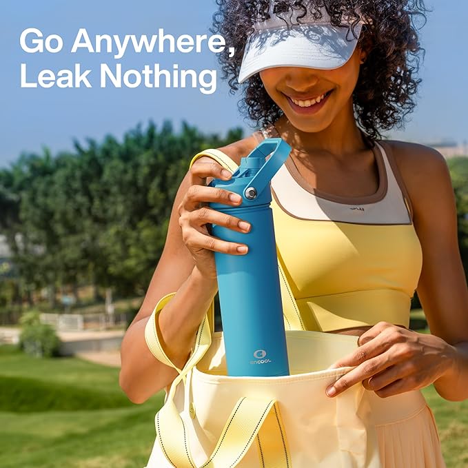 Insulated Water Bottle with Straw - Encool Stainless Steel Water Bottle, Leak-Proof, BPA-Free, Double Wall Vacuum Keeps Cold for 24 Hours for Sports, Travel, School (32 oz, Azure Blue)