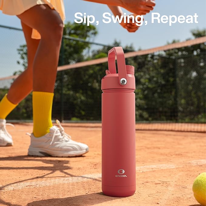 Insulated Water Bottle with Straw - Encool Stainless Steel Water Bottle, Leak-Proof, BPA-Free, Double Wall Vacuum Keeps Cold for 24 Hours for Sports, Travel, School (26 oz, Tawny Orange)
