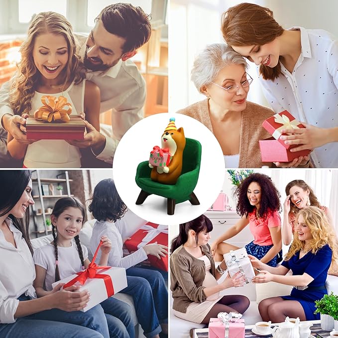 Cute Mini Puppy Holding a Gift Figurine - Resin Dog for Office, Home Decoration for Dog Lovers - Green Sofa