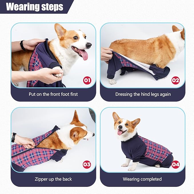 Dog Recovery Suit, Abdominal Wound After Surgery Wear, Anti Licking Bodysuit with Zipper, E-Collar & Cone Alternatives, Plaid Dog Spay Surgical Onesie Prevent Shedding(3XL, Red)