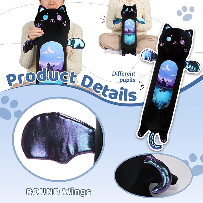 AIXINI Long Cat Plush Pillow Cartoon Cute Black Cat Stuffed Animals, Soft Kawaii Kitten Plushies Pillow Toy for Kids (Moonlight Black,19.7inch)