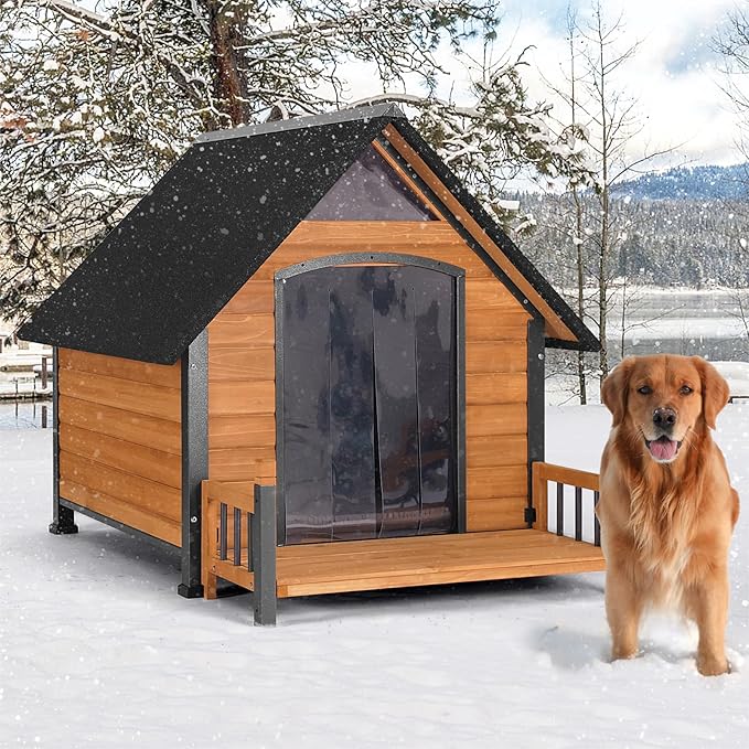 Outdoor Dog House with All-Around Insulated Liner Weatherproof Puppy Shelter Indoor Dog Kennel, Anti-Bite Dog Home for Large Breed with Porch (Brown, Large)