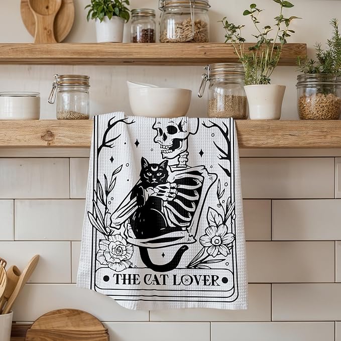 Tarot Kitchen Towels, Black Cat Skeleton Gothic Decor, Cat Lover Gifts, Tarot-Themed Bathroom Towels, 16x24 Inch