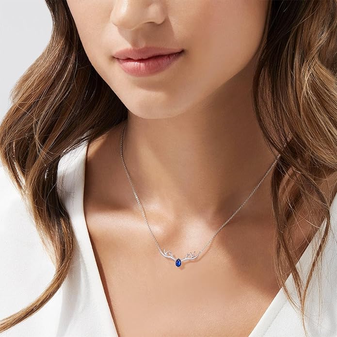 SILVERCUTE Sterling Silver Birthstone Necklaces for Women, Xmas Antler Deer Pendant Necklace with Colorful Cubic Zirconia,16-18 inches