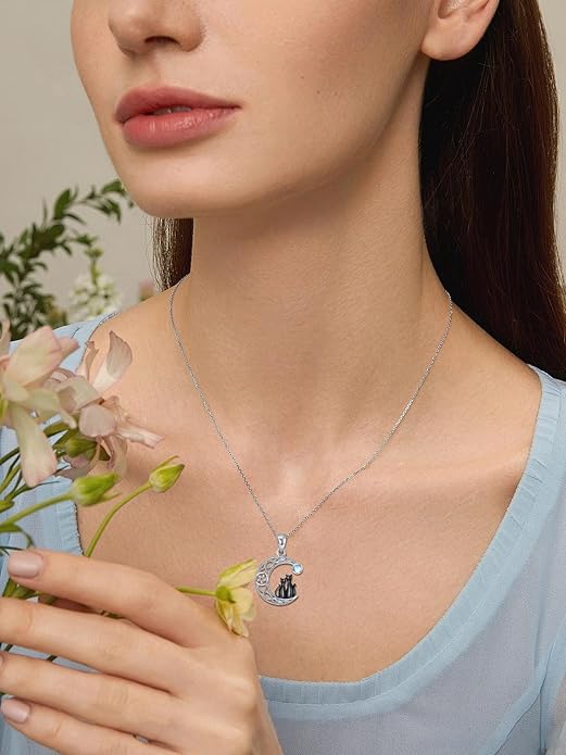 Black Cat/Dragon/Fox/Wolf Necklace 925 Sterling Silver Celtic Moon Pentagram Pendant Gothic Jewelry Goth Halloween Gifts for Women