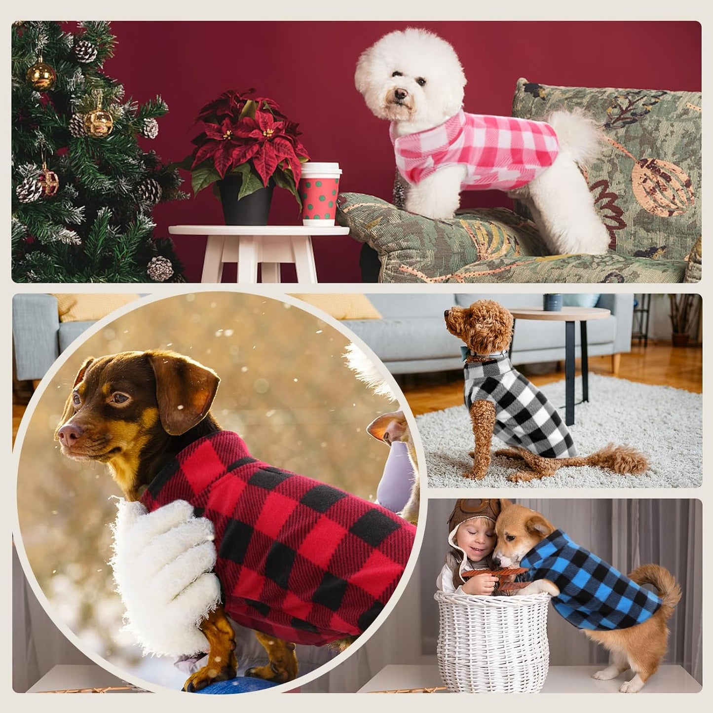 Kuoser 4 Pack Dog Fleece Vest,Warm Plaid Dog Sweater with Leash Hole,Soft Turtleneck Winter Pet Jacket Dogs Coat Pullover for Small Medium Dogs Cats,Spring Fall Cold Weather Christmas Outfit, L