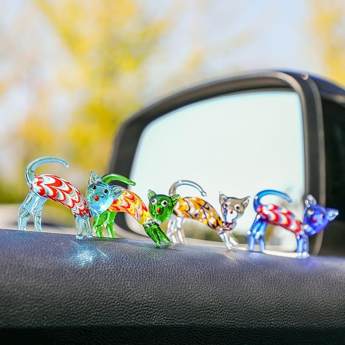 HDCRYSTALGIFTS 4PCS Hand Blown Glass Cat Figurines Collectible, Art Glass Cat Miniature Animal Statue Kitten Sculpture for Home Decor Gift