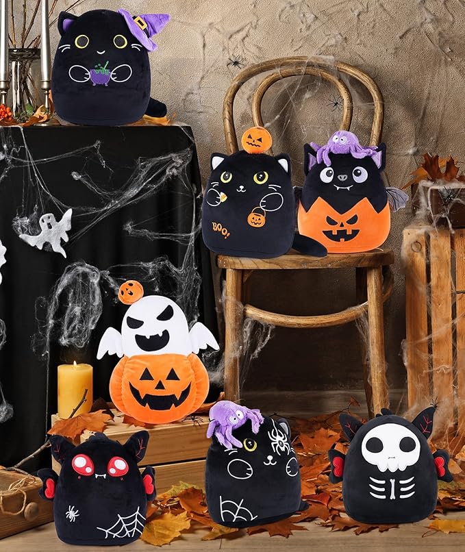 Christmas Eve Stuffed Cat Pumpkin Black Cat Plush Toy with Pumpkin, Cute Halloween Decor, Kids' Pillow, Gifts for Girls Boys, 10 Inch