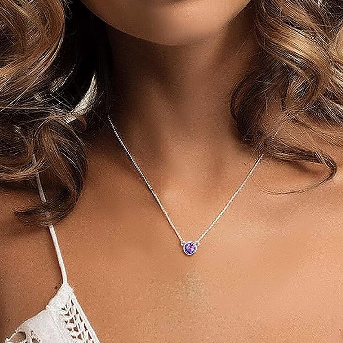 SILVERCUTE Sterling Silver Birthstone Necklace for Women,Dainty Silver Pendant Necklace with Round Cubic Zirconia,16"-18"