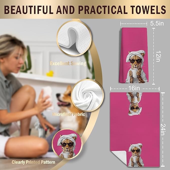 Trendy Sunglasses Leopard Hand Towels for Bathroom Decor, Hot Pink Maximalist Cheetah Dish Tea Towels for Kitchen Decor, Leopard Drinking Coffee Kitchen Towels,16x24 Inches