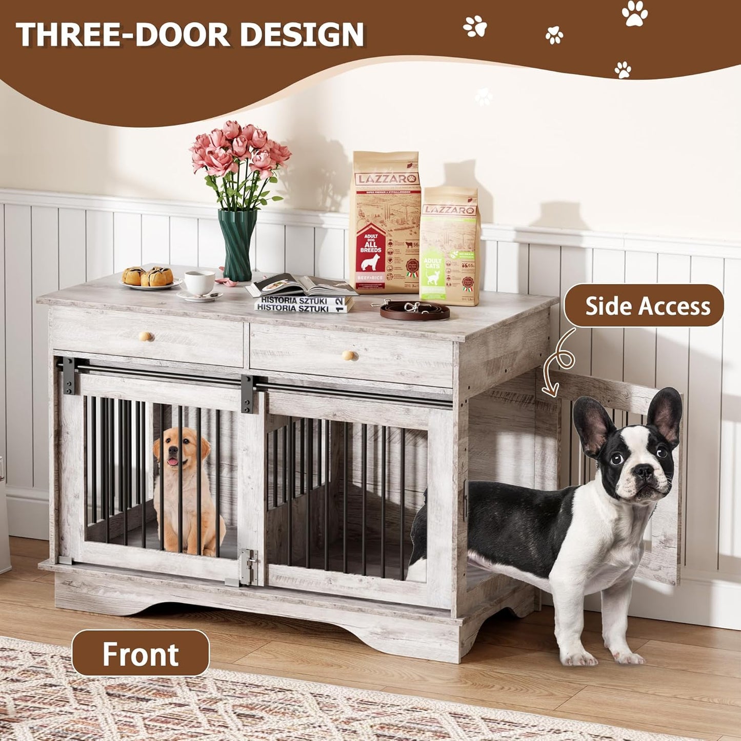 Dog Furniture Crate, 47" Large Dog Crate Furniture w/ 2 Storage Draws & Removable Divider for Large/Medium/Small Dogs (Grey, One Cage)