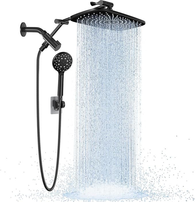 Veken Wide Rain Shower Head with 6 Modes Handheld Water Spray,High Pressure Showerhead Combo with Arm for Bathroom Accessories,Home Decor Adjustable Dual Shower with Anti-Clog Nozzles,Matte Black