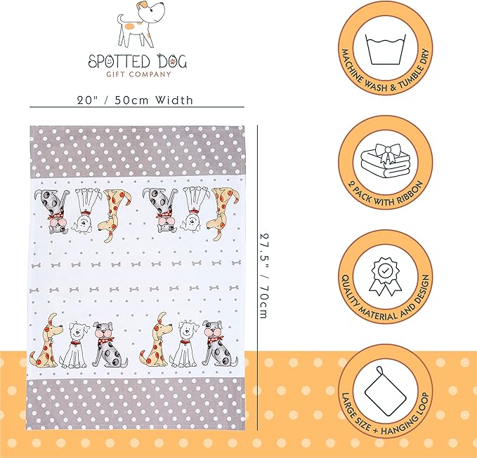 SPOTTED DOG GIFT COMPANY Dog Dish Towels, 2 Pack Decorative Kitchen Towels, 100% Cotton Absorbent Tea Towel Set for Drying Dishes, Animal Themed Kitchenware & Gifts for Dog Lovers 20"x28"