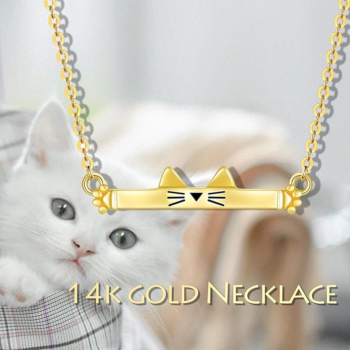 SISGEM 14K Real Gold Cat Bar Necklace for Women,Yellow Gold Cute Cat Pendant Necklaces Christmas Birthday Gifts for Her 16''-18''