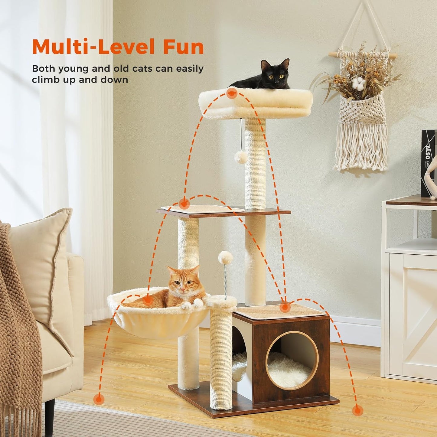 PEQULTI Modern Cat Tree for Indoor Cats,Multilevel Play House Cat Tower with Cat Condo, Scratching Post, Cozy Hammock and Plush Pompom, Brown