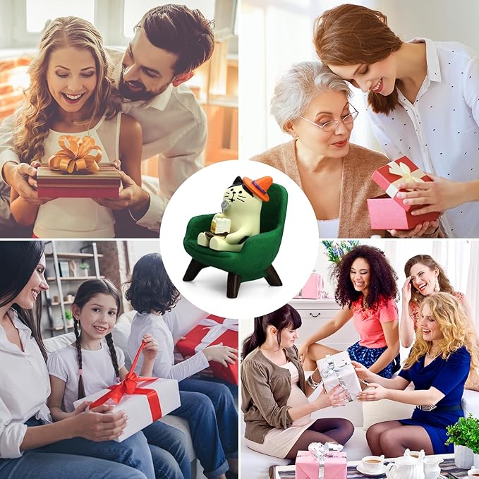 Mini Cat Eating Cake Figurine Resin for Cat Lovers - Green Sofa