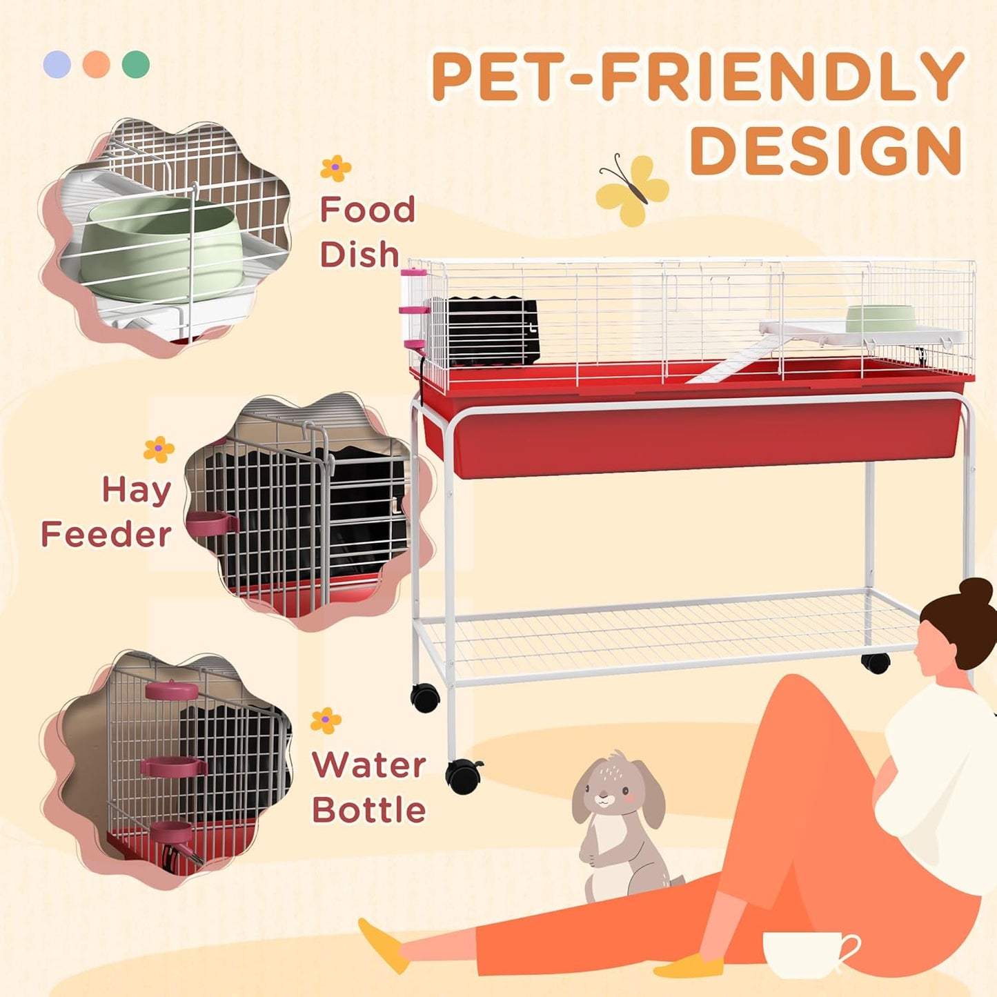PawHut Two-Story Small Animal Cage Removable from Stand, Guinea Pig Cage with Shelf & Wheels, Pet Habitat for Hedgehog, Chinchilla, Ferret, 39" x 20.5" x 36.5", Red