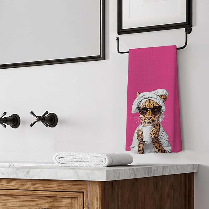 Trendy Sunglasses Leopard Hand Towels for Bathroom Decor, Hot Pink Maximalist Cheetah Dish Tea Towels for Kitchen Decor, Leopard Drinking Coffee Kitchen Towels,16x24 Inches